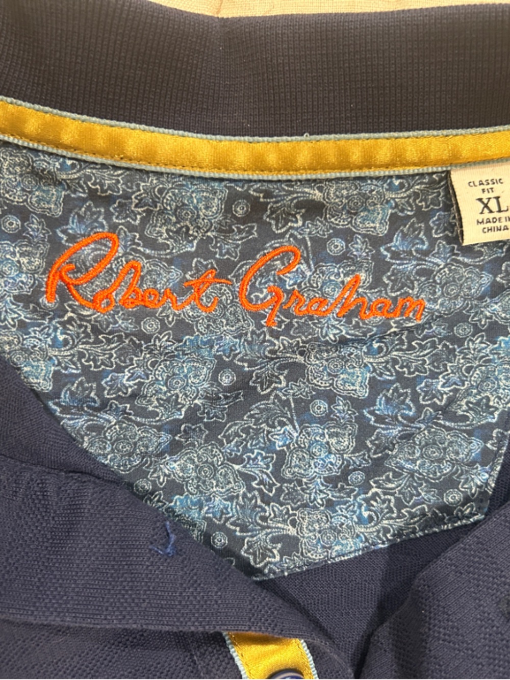 Robert Graham Navy Polo with Gold Trim and Light Blue Floral Lining